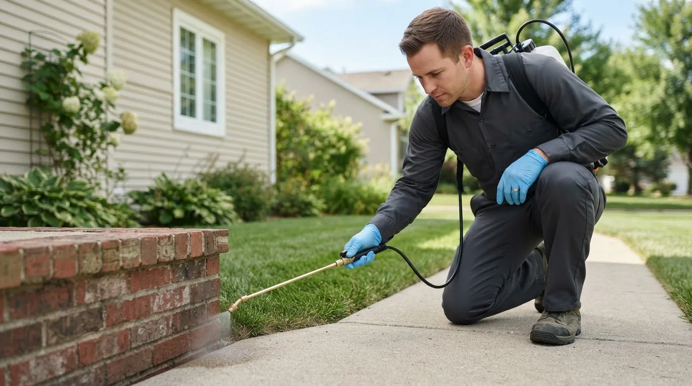 Pest control technician treating a home near Lebanon, OR